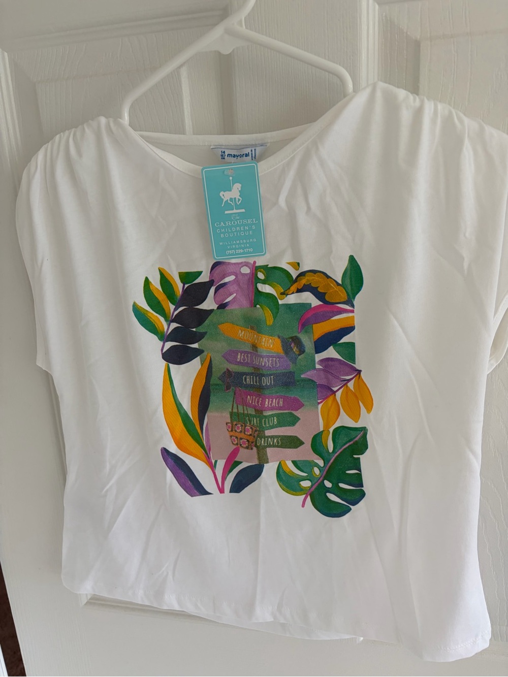 Mayoral White Tee with Colorful Tropical Leaf Print